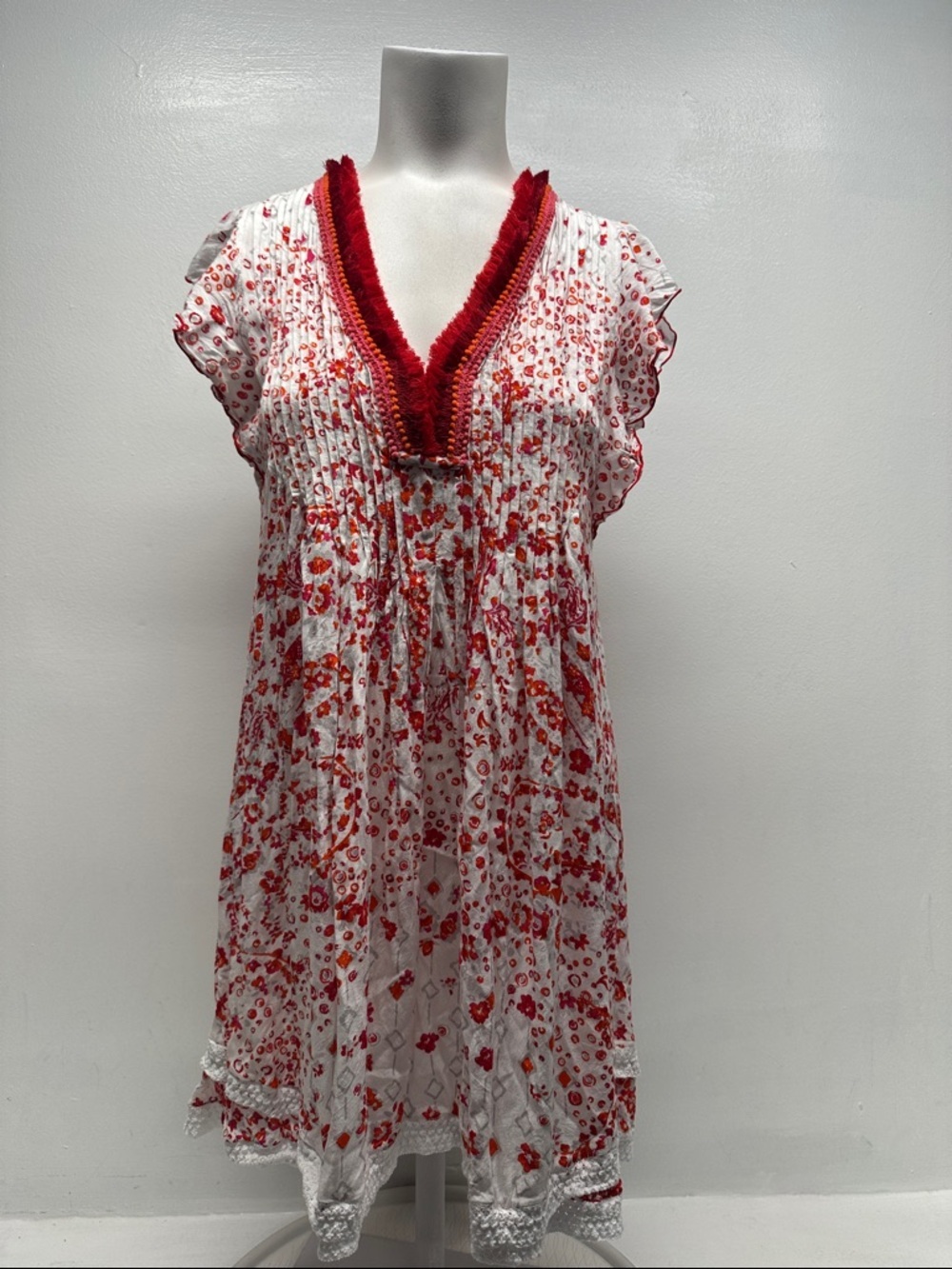 Poupette St Barth Mini Dress Sasha Pleated Fringe Floral Lace White Red Small